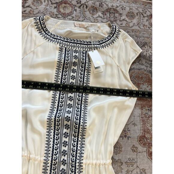 Tory Burch Silk Embroidered Cinched Waist Tie Sleeveless Shift Maxi Dress Size L - Picture 7 of 14
